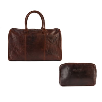 Travel bag & toilet bag in buffalo leather - brandy